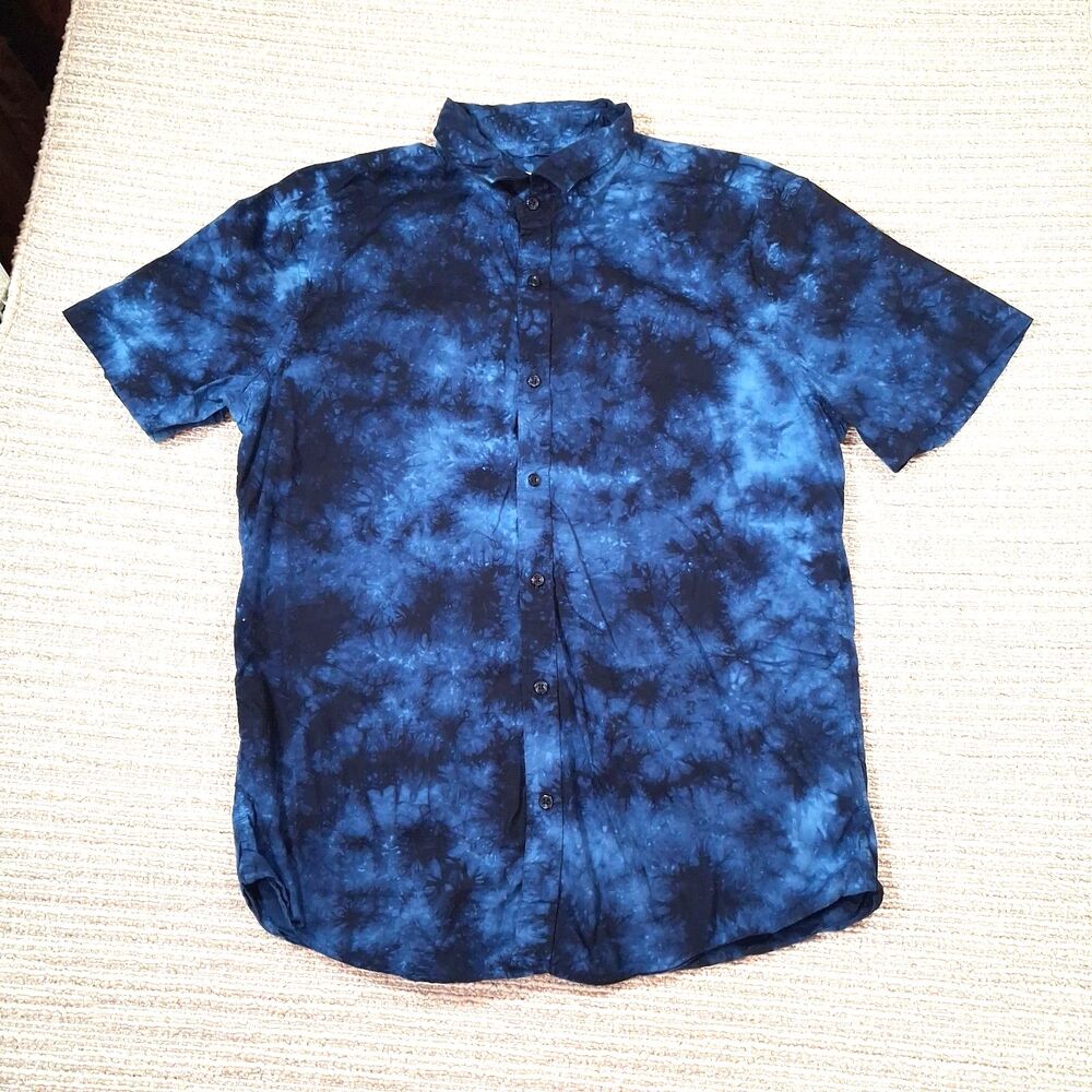 express mens slim soft wash blue tie dye cloud short sleeve button up shirt sz m